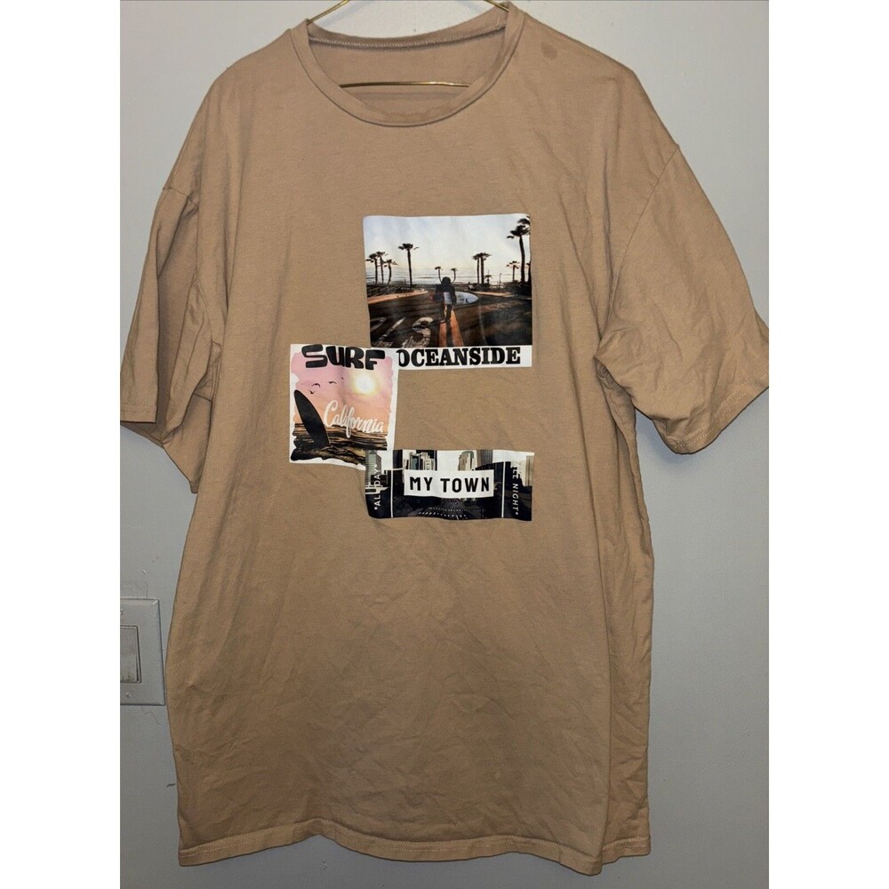 Shein womans T-Shirt Grahpic Oeanside/Surf/my Town allday/ all night Tan Sz Med